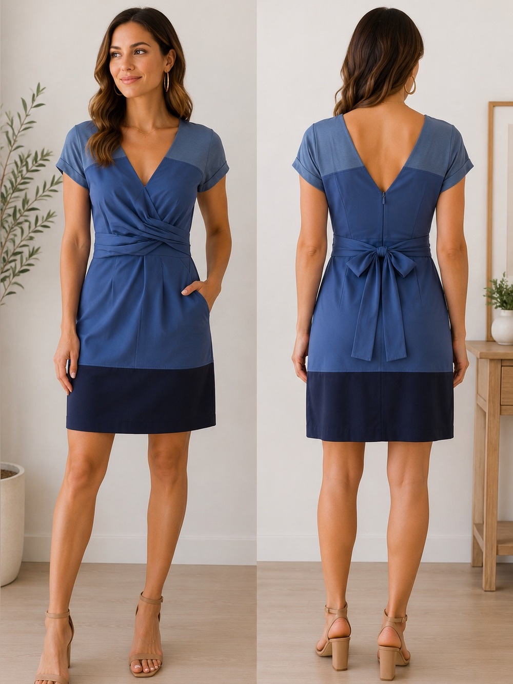 BCBGMAXAZRIA Vintage Blue Colorblock Faux Wrap Tie Waist Pocket Dress